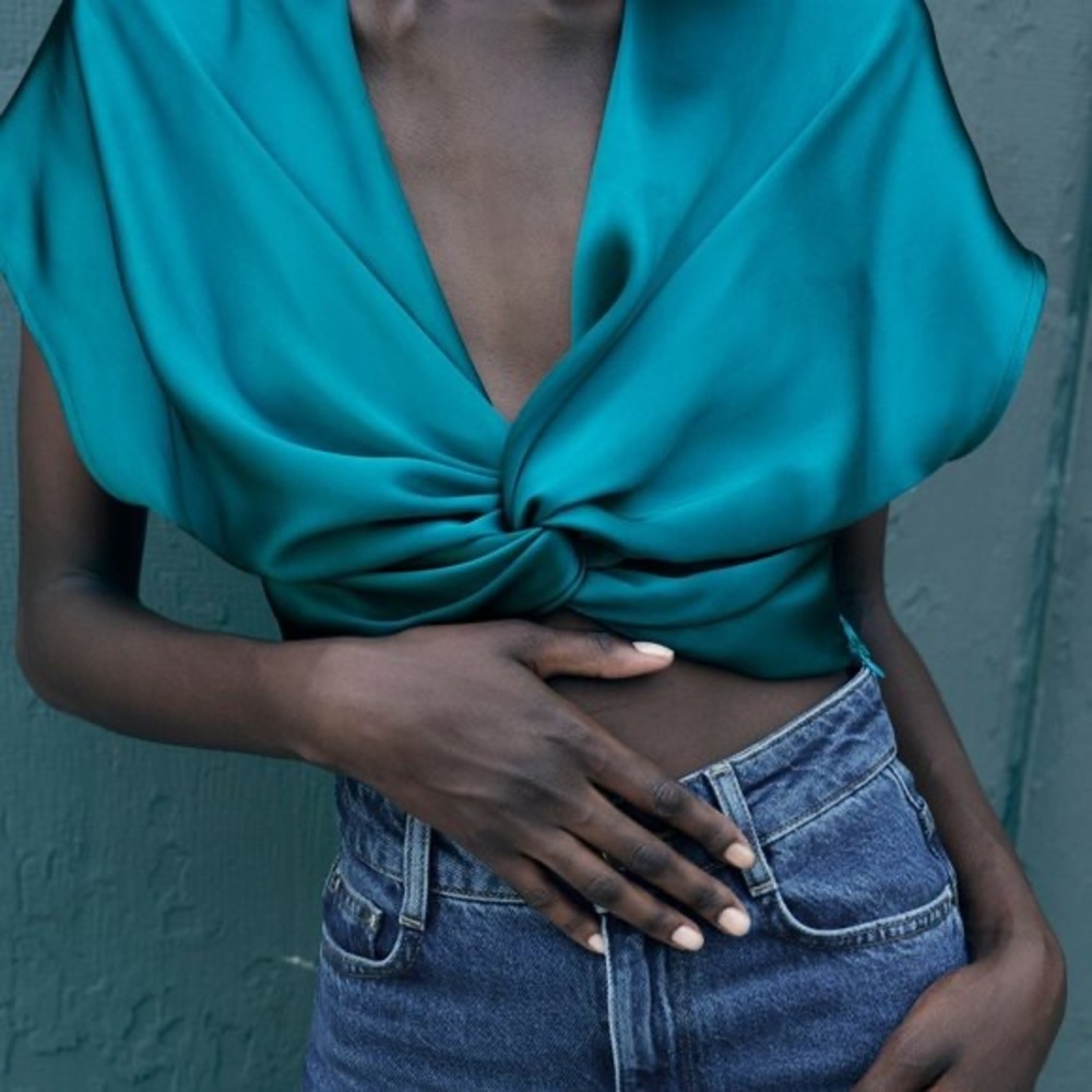 Zara Knotted Satin Effect Blouse - Dark Turqoise